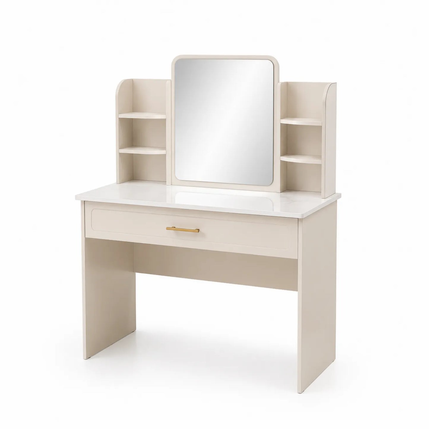 Coiffeuse en Bois avec Miroir et Étagères Crème