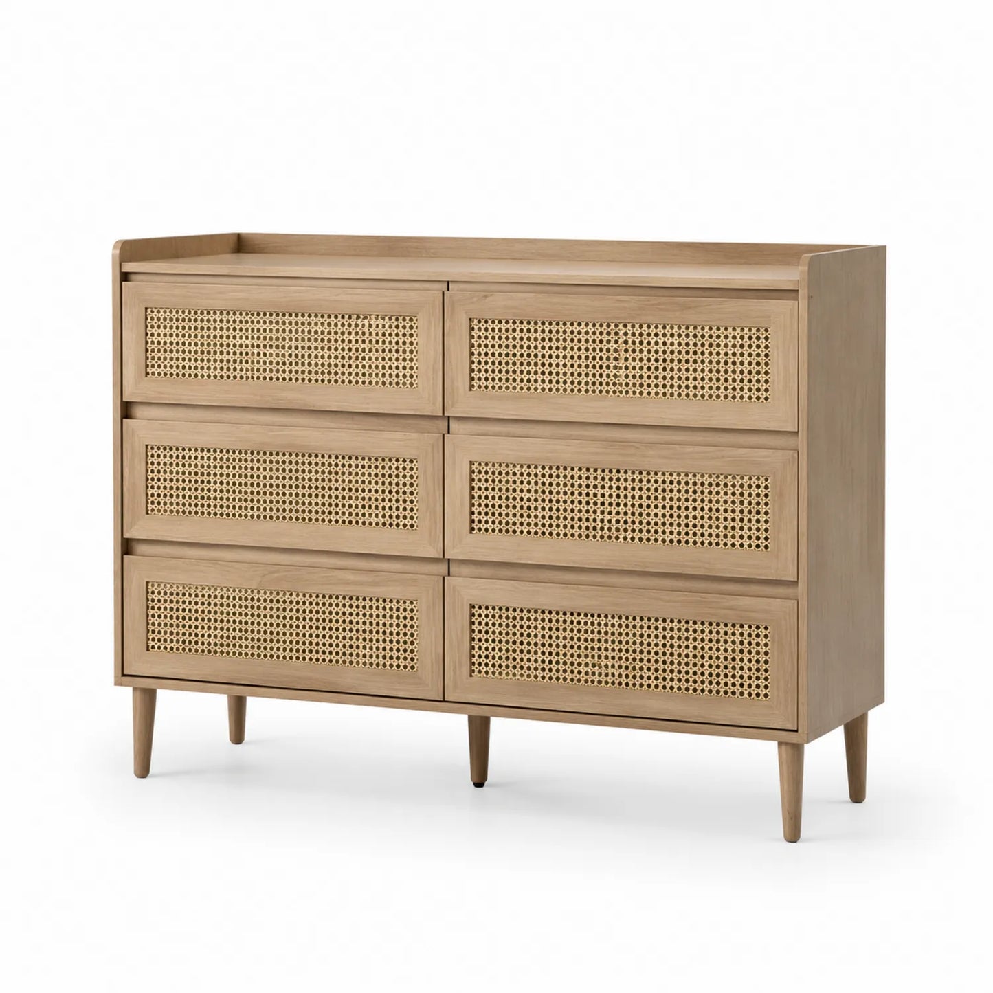 Commode en bois de chêne clair avec 6 tiroirs et décor en rotin