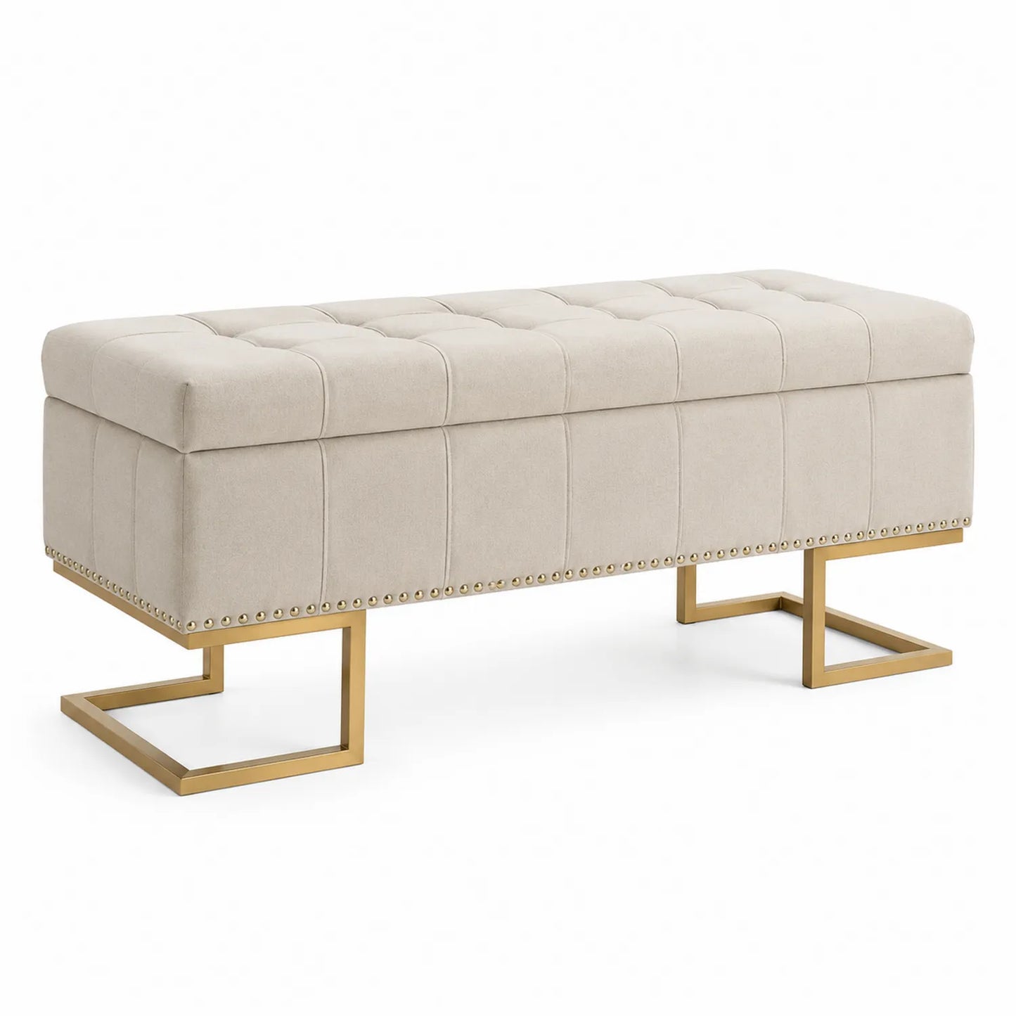 Banc rectangulaire en tissu beige avec base en métal doré 120 cm
