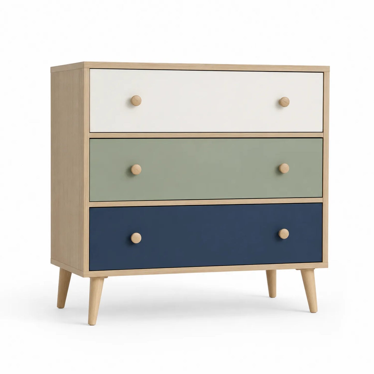 Commode en bois avec 3 tiroirs Blanc/Vert/Bleu