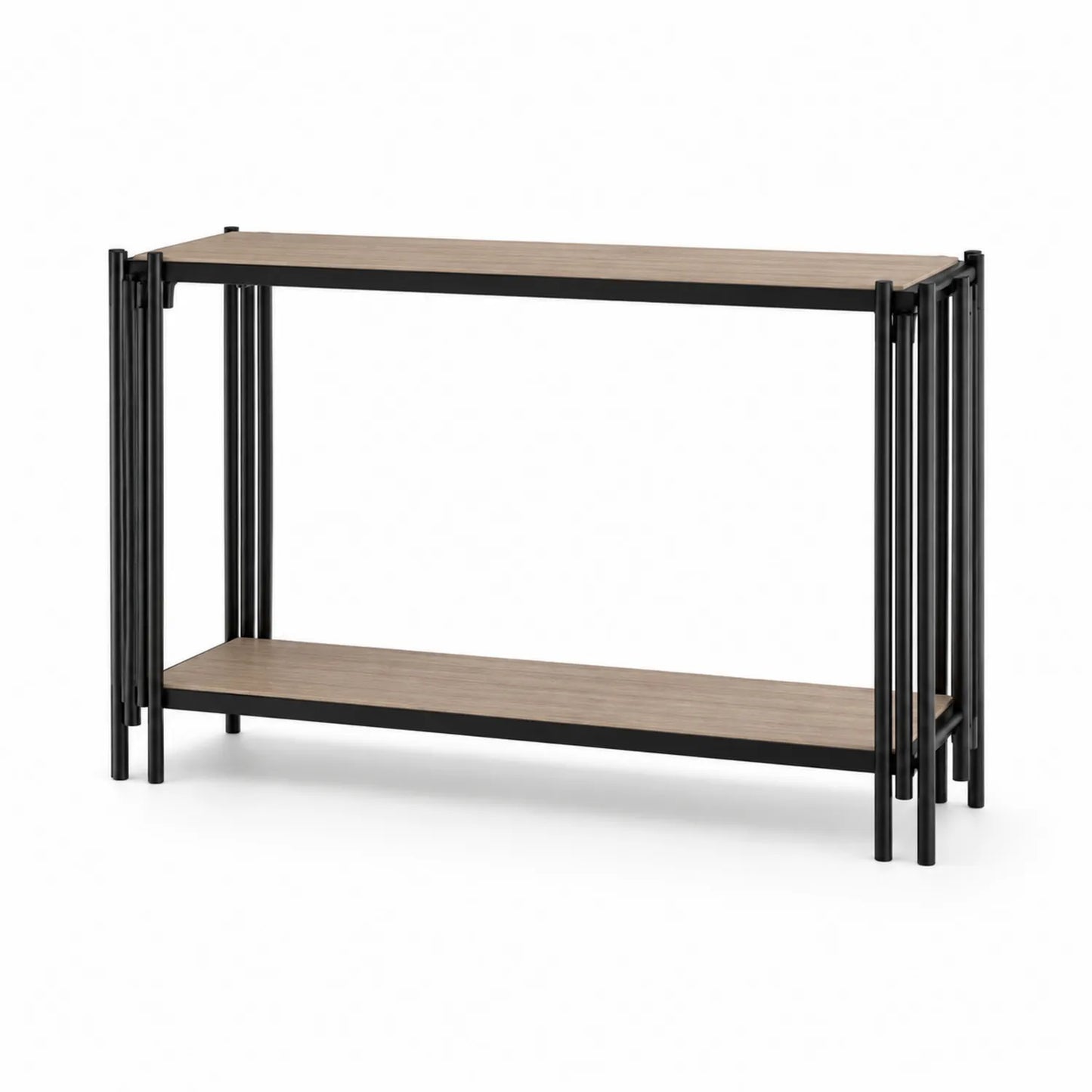 Console en bois et métal avec étagères, noir et chêne clair