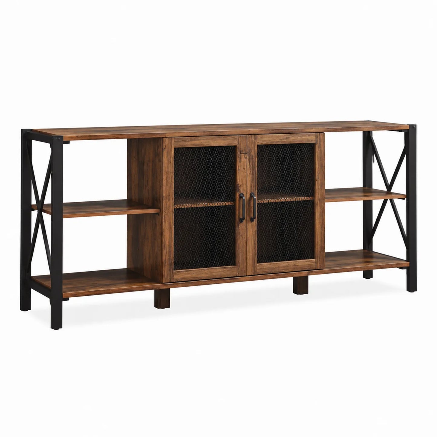 Meuble TV en bois et métal noir avec portes grillagées