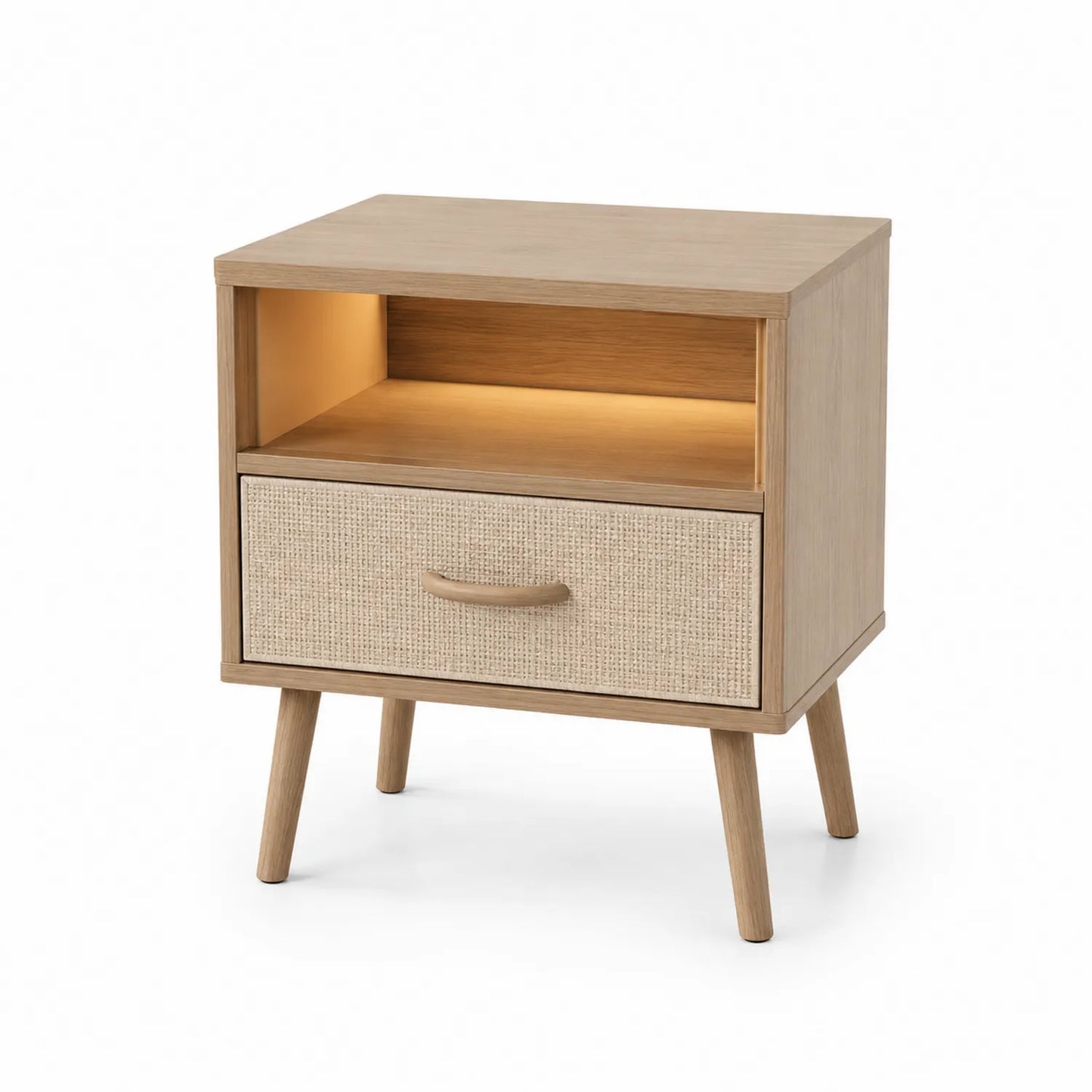 Table de chevet en bois et rotin avec étagère