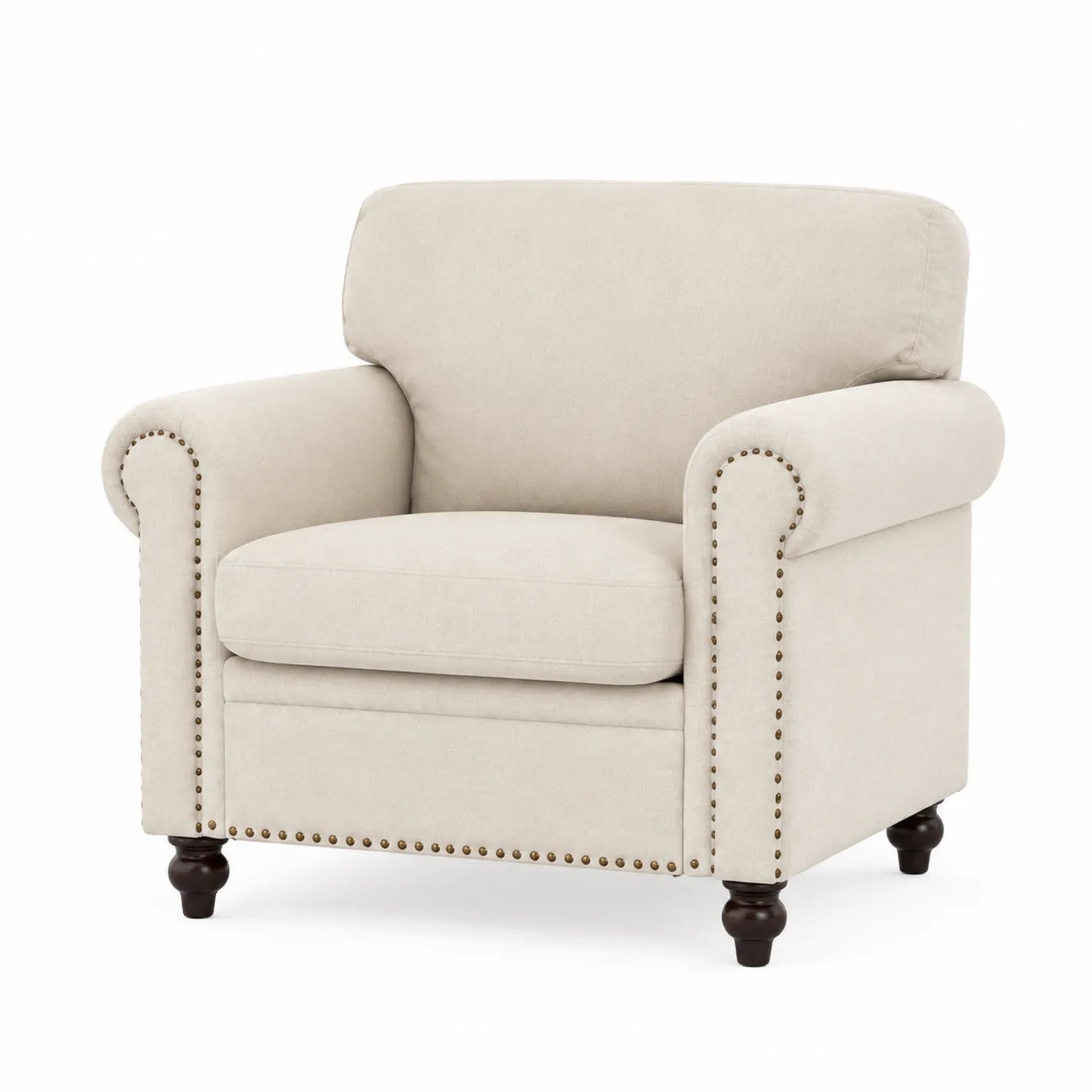 Fauteuil en tissu polyester beige avec pieds en bois