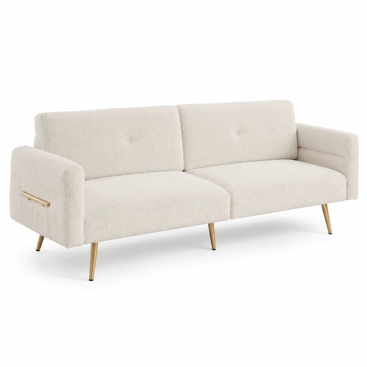 Canapé en tissu polyester bouclé beige avec pieds en métal doré 220x83x85 cm