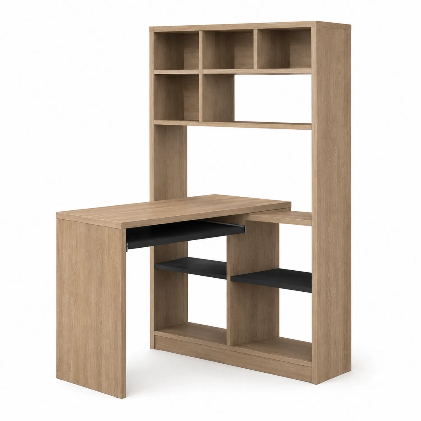 Bureau en bois avec étagères intégrées et plateau coulissant en Chêne clair et Noir