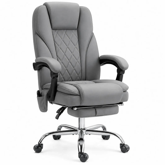 Chaise de bureau pivotante réglable en cuir PU gris avec repose-pieds