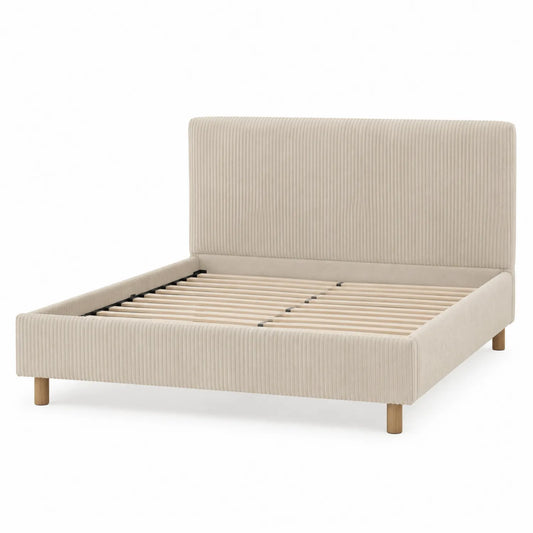 Lit double en velours côtelé beige avec cadre en bois 160x200 cm