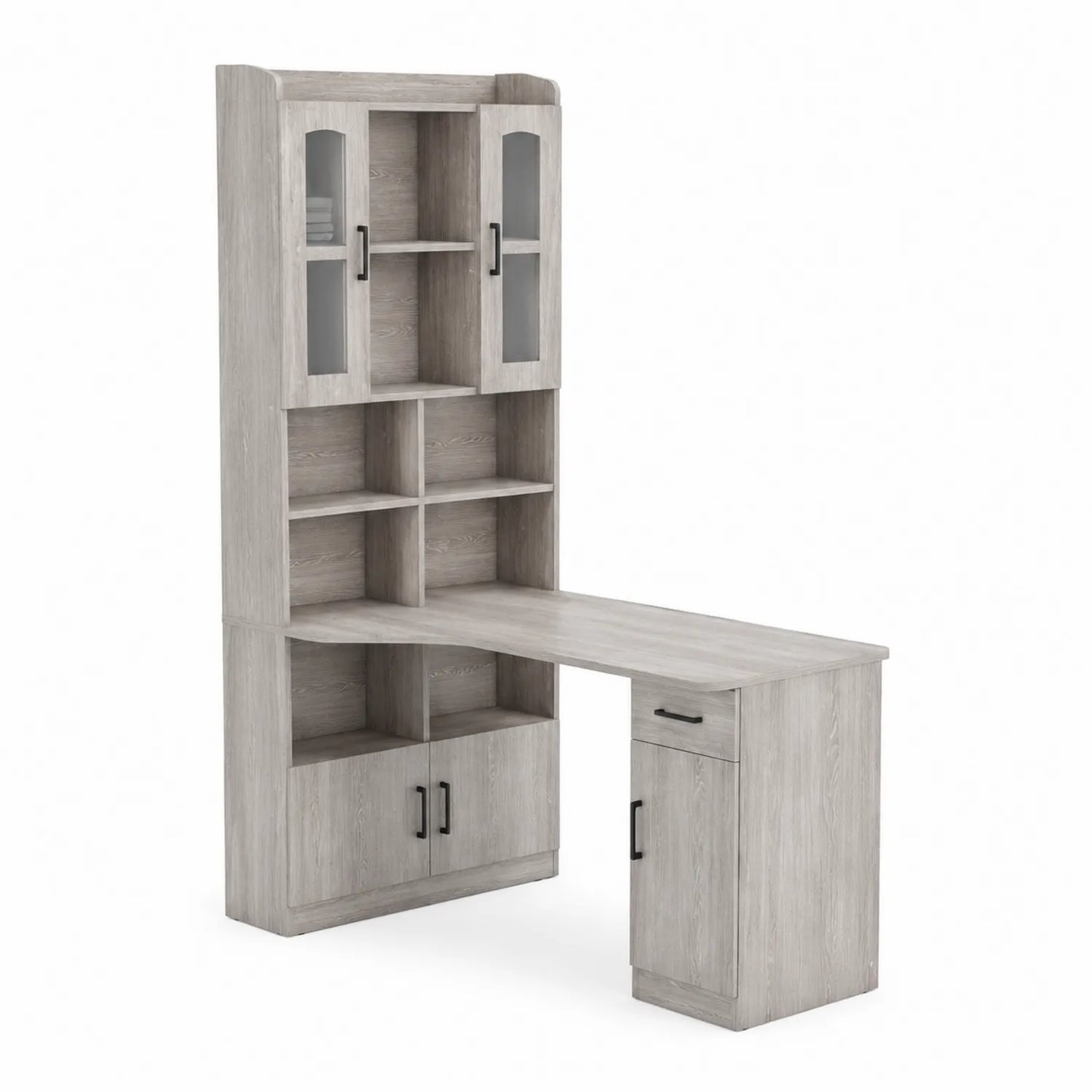 Bureau d'angle en bois composite avec bibliothèque gris avec portes en verre