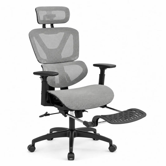 Chaise ergonomique en maille et nylon avec repose-pieds Gris