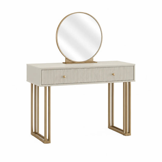Coiffeuse en bois avec miroir rond et pieds en métal