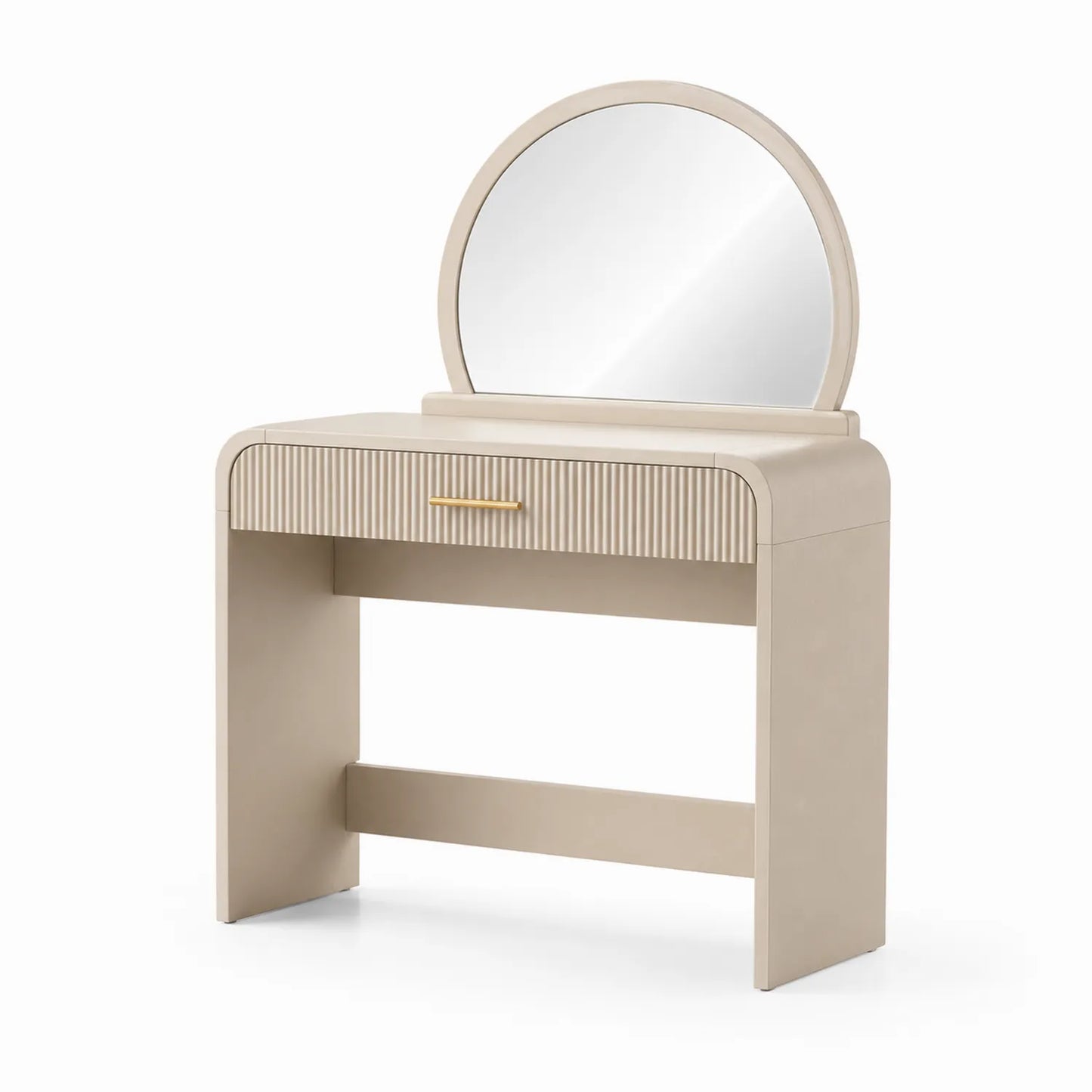 Coiffeuse en MDF avec miroir rond et tiroir intégré Beige