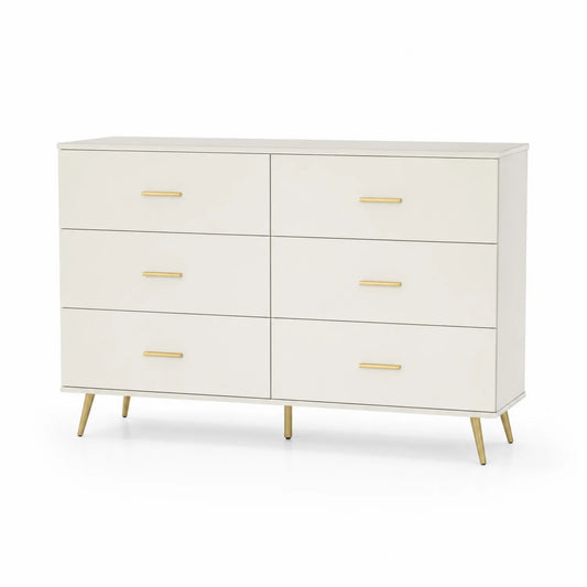 Commode 6 tiroirs bois blanc avec poignées métalliques dorées