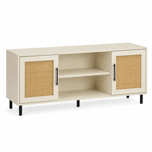 Meuble TV en bois et rotin avec étagères