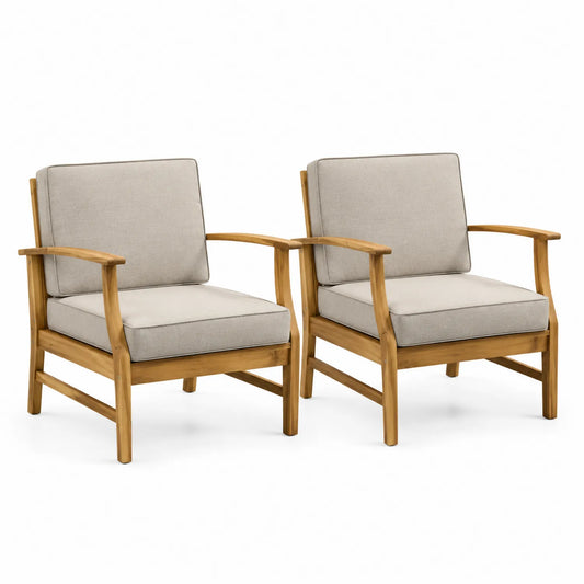 Lot de 2 fauteuils en bois d'acacia et tissu beige
