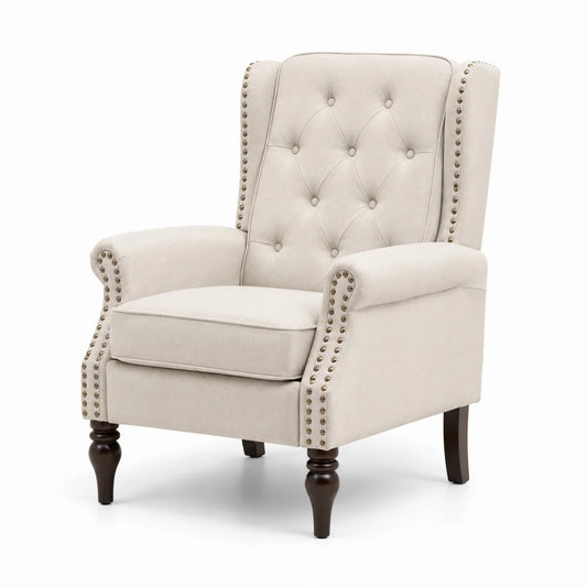 Fauteuil en tissu beige avec pieds en bois