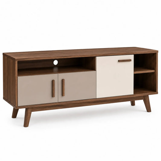 Meuble TV en bois marron et portes beige