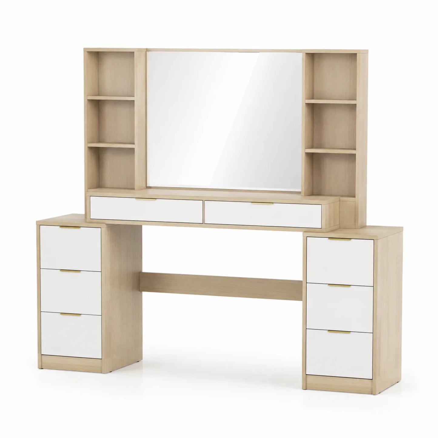 Coiffeuse en Bois de Chêne avec Miroir et Tiroirs Blancs