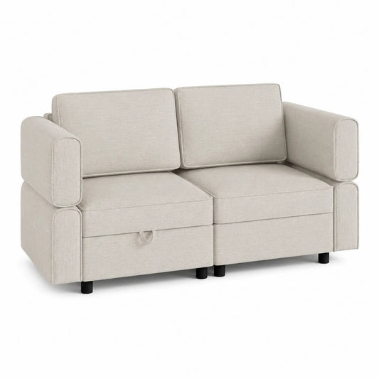 Canapé convertible en tissu beige avec rangement