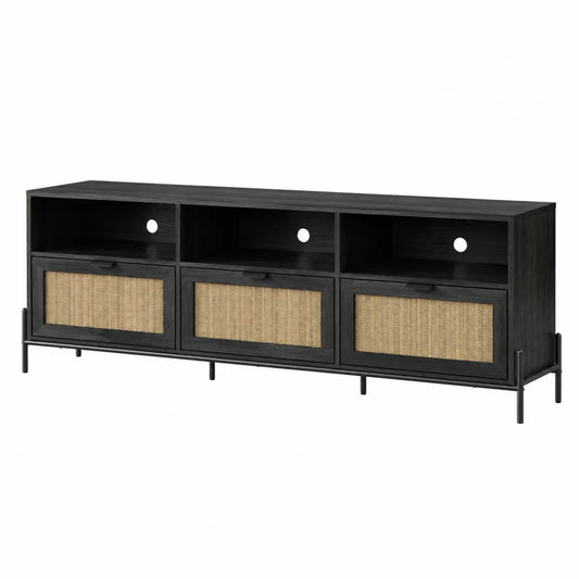 Meuble TV en bois et rotin Noir avec portes