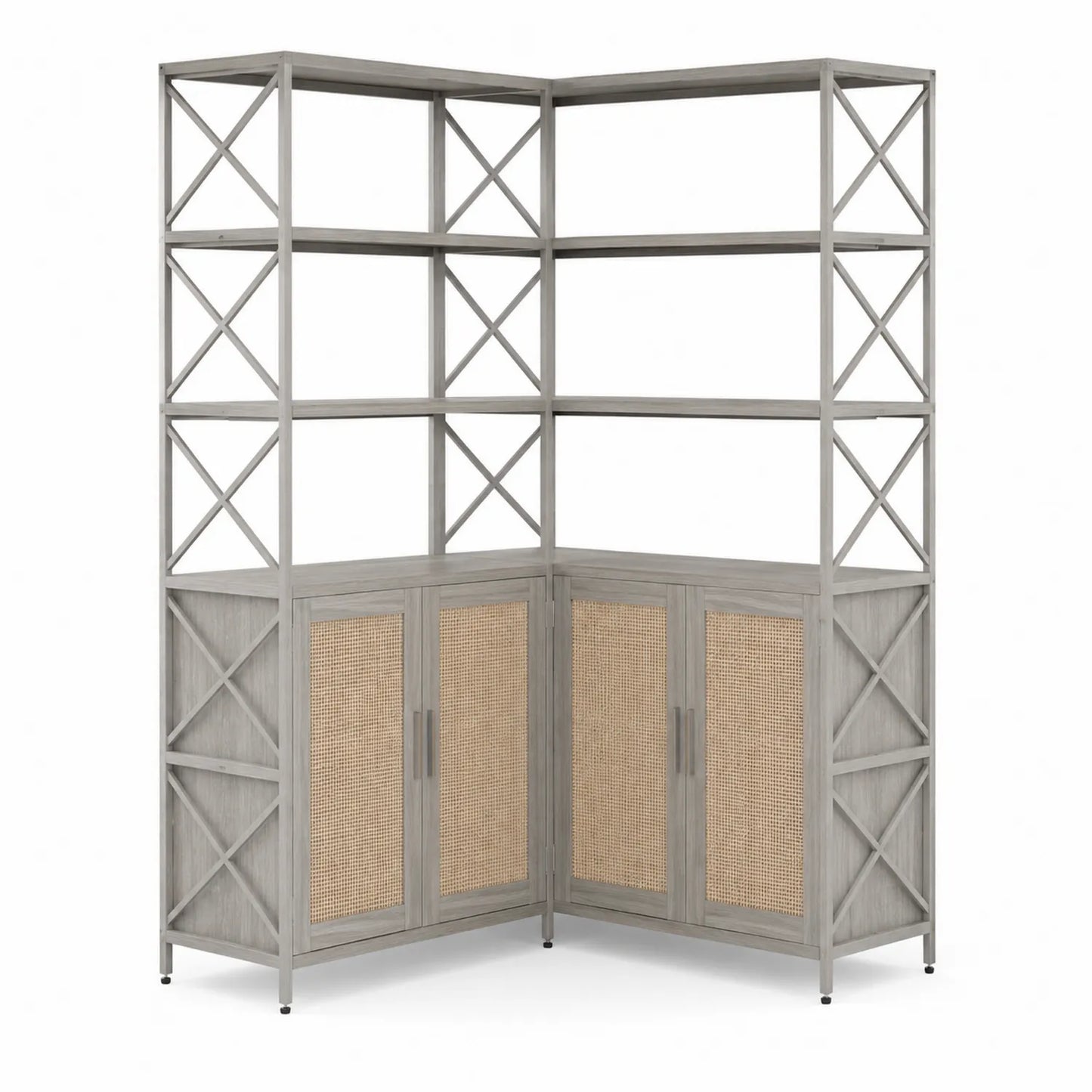 Étagère d'angle en bois avec portes en rotin 183cm x 102cm x 102cm Gris