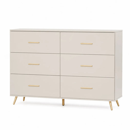 Commode à 6 tiroirs en bois MDF avec pieds en métal doré