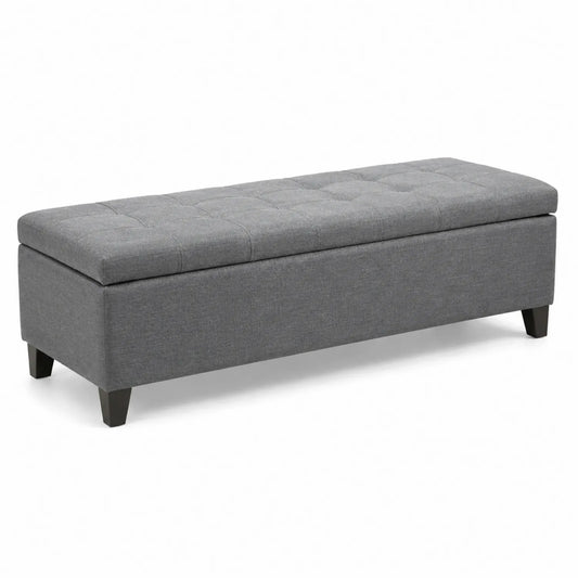 Banc de rangement en tissu gris avec pieds en bois 120x40x45 cm