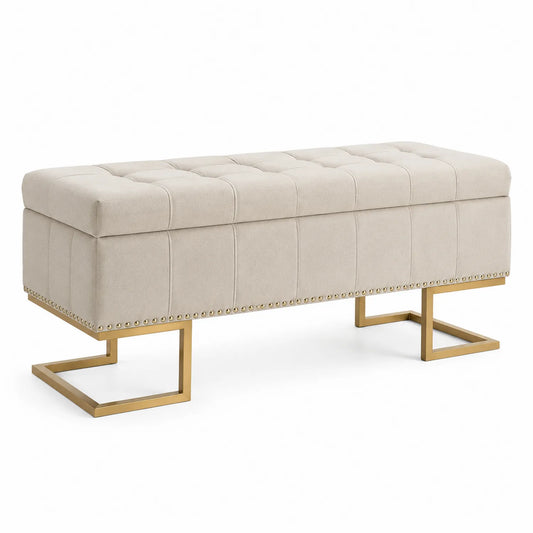 Banc rectangulaire en tissu beige avec base en métal doré 120 cm