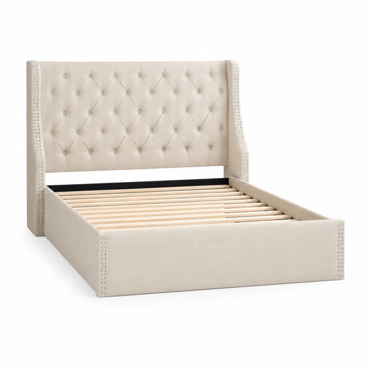 Lit capitonné en bois et tissu beige 200x160 cm