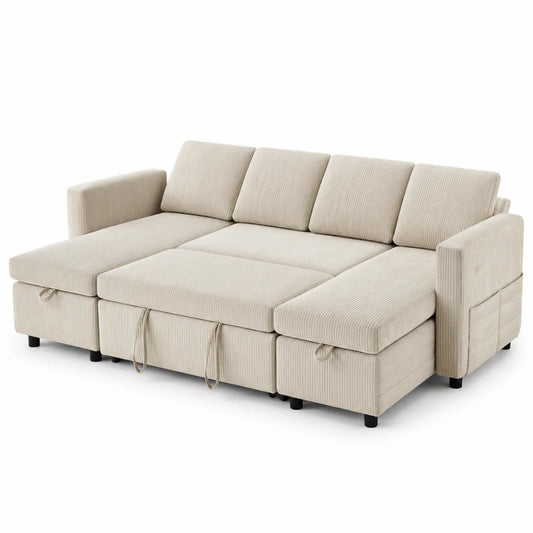 Canapé d'angle convertible en tissu côtelé beige avec rangement