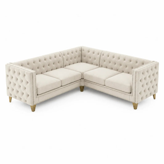 Canapé d'angle en velours Beige avec pieds en bois