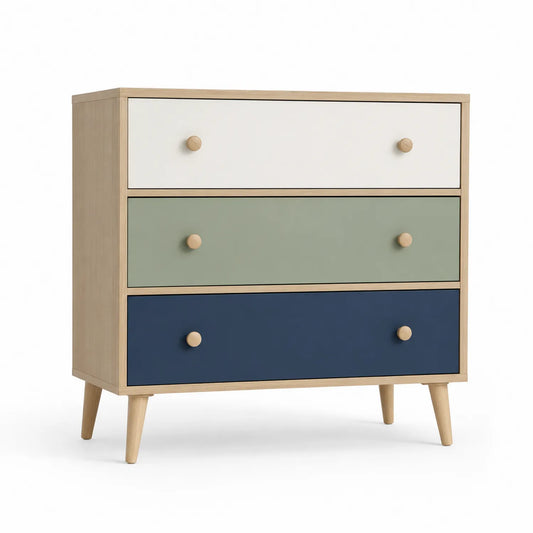 Commode en bois avec 3 tiroirs Blanc/Vert/Bleu