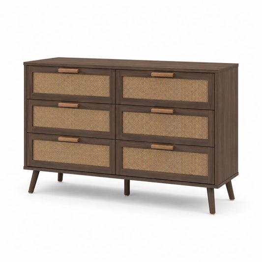 Commode en bois avec pieds marron et tiroirs en canne tressée