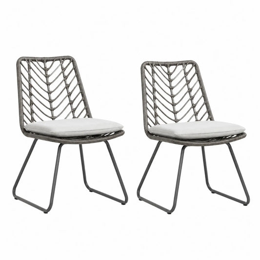 Chaises en résine tressée gris avec coussin beige, lot de 2