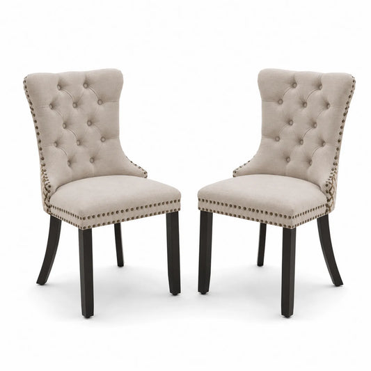 Ensemble de 2 chaises en lin beige avec pieds en bois foncé