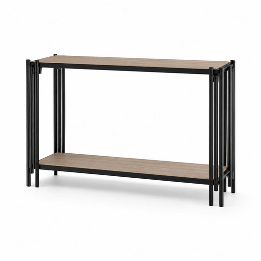 Console en bois et métal avec étagères, noir et chêne clair