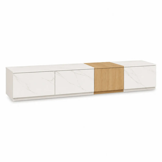 Meuble TV suspendu en MDF finition marbre blanc et chêne 240 cm