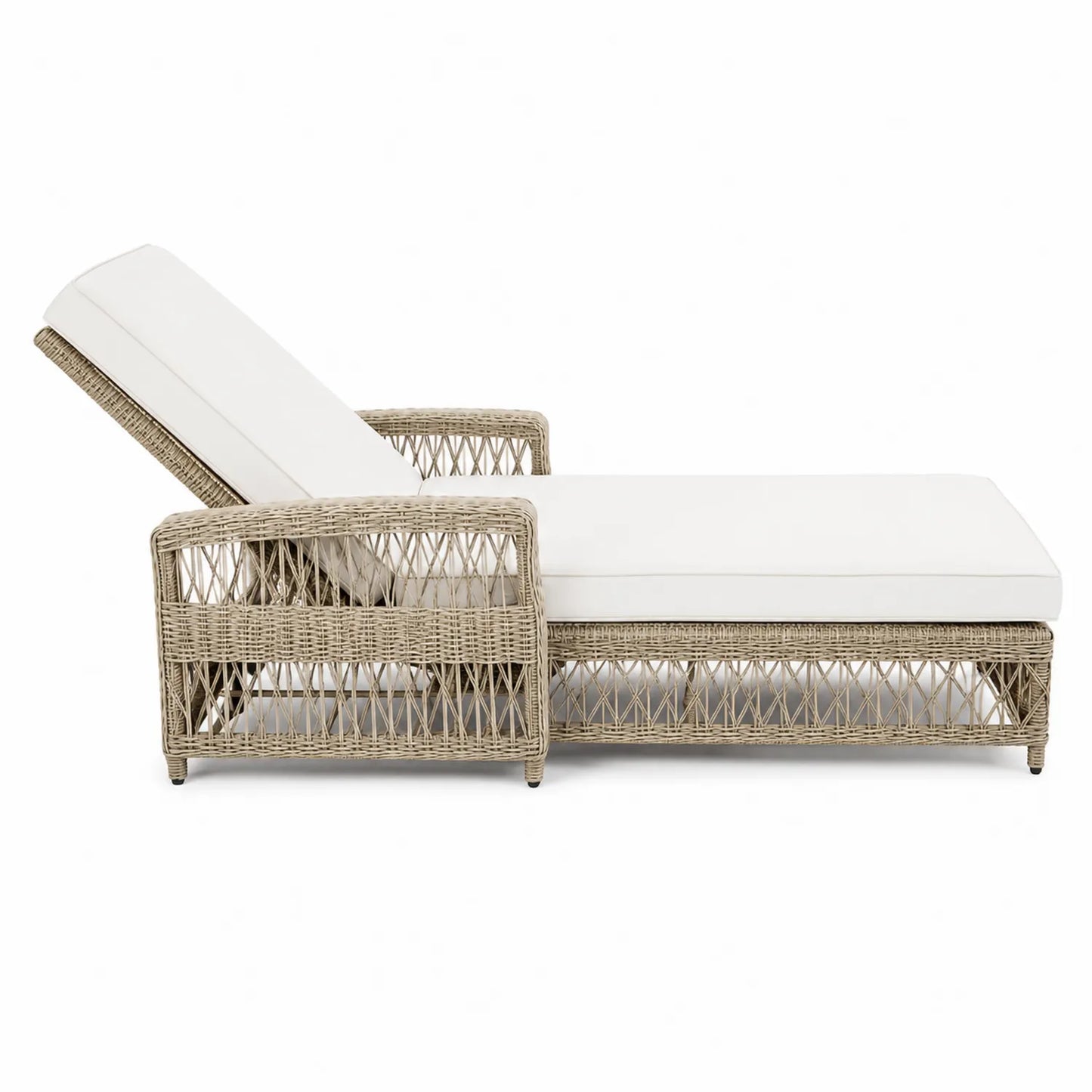 Chaise longue en résine tressée beige avec coussin blanc