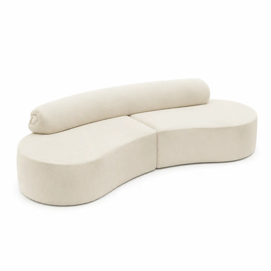 Canapé courbé en tissu beige avec coussin