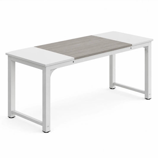 Bureau rectangulaire en métal et MDF blanc et bois