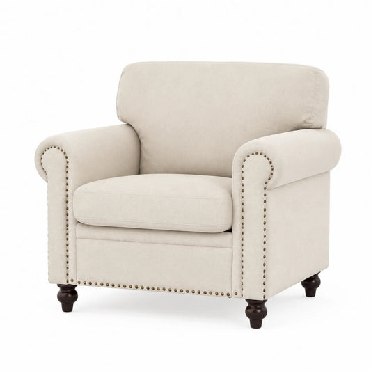 Fauteuil en tissu polyester beige avec pieds en bois
