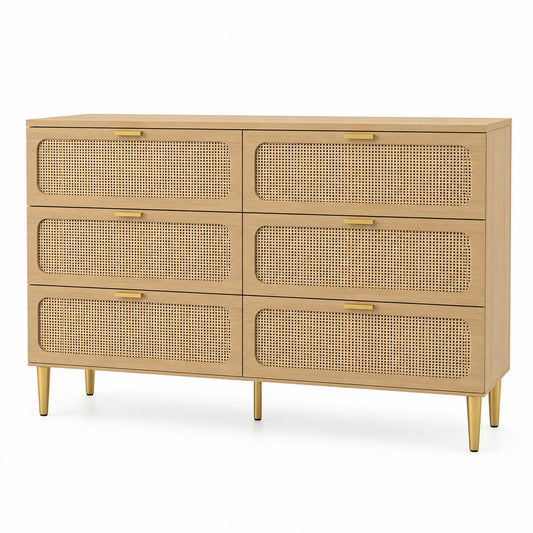 Commode en bois avec tiroirs en rotin