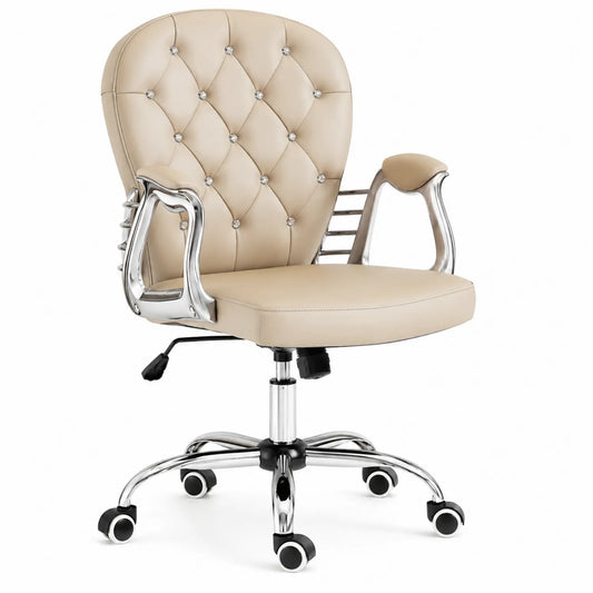 Chaise de bureau pivotante en simili cuir beige avec accoudoirs chromés
