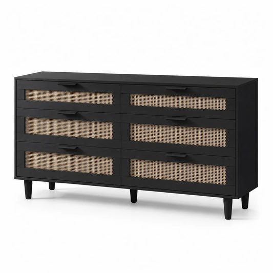 Commode en bois et rotin noir 6 tiroirs 150x40x80 cm