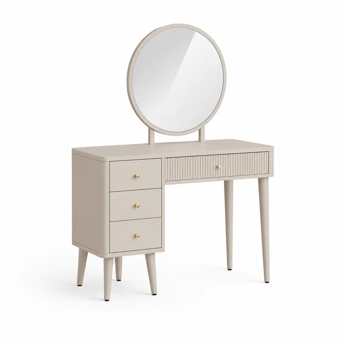 Coiffeuse avec miroir rond en bois beige 3 tiroirs