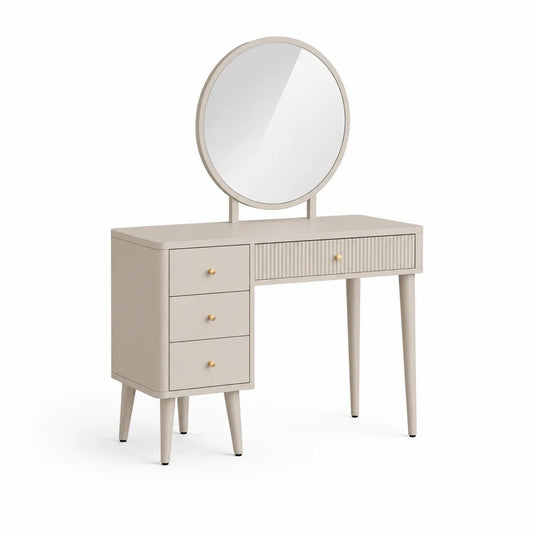 Coiffeuse avec miroir rond en bois beige 3 tiroirs