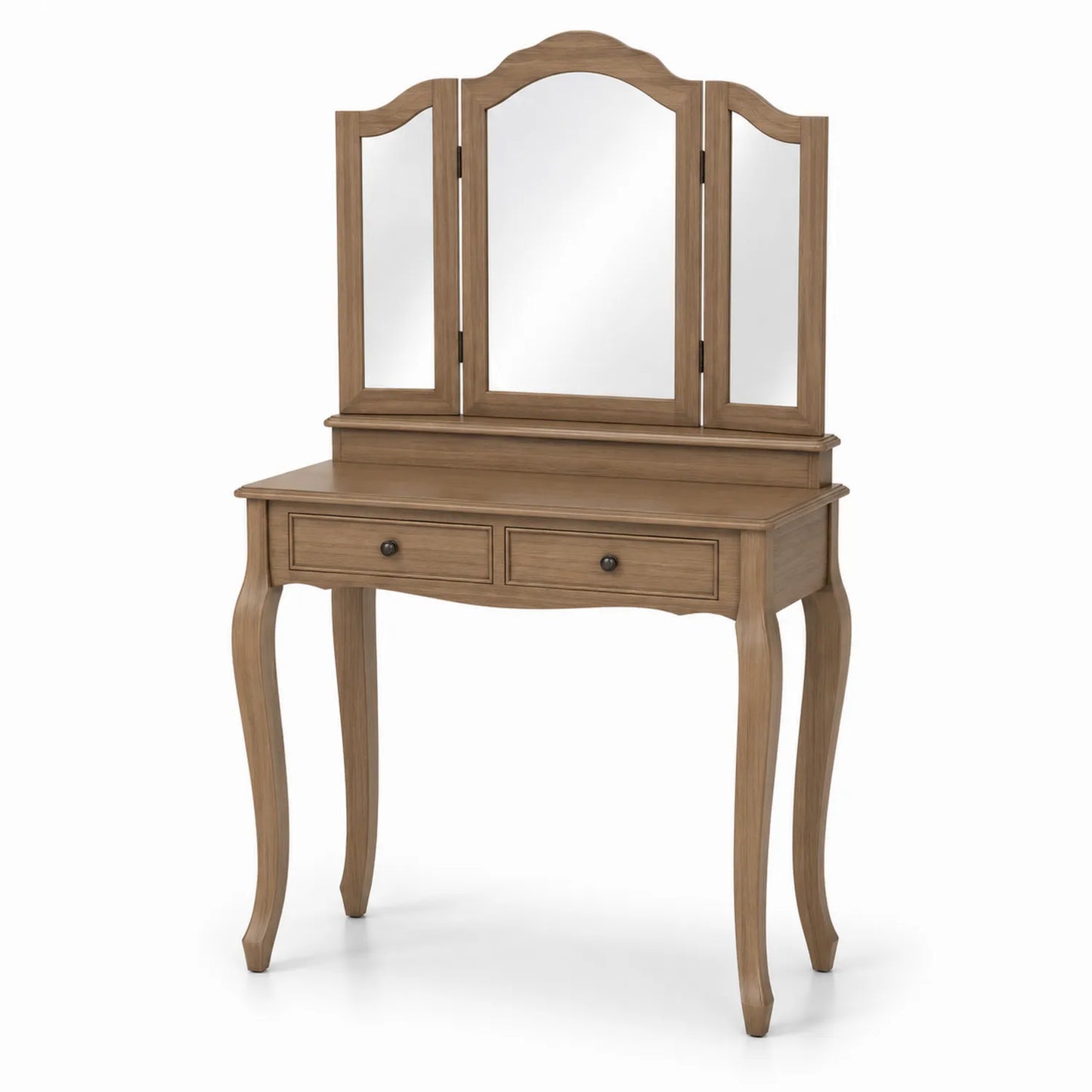 Coiffeuse en bois avec miroir triptyque et deux tiroirs en chêne clair