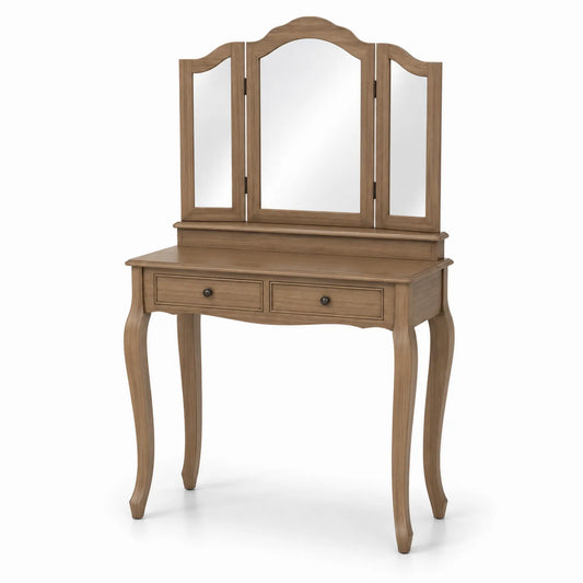 Coiffeuse en bois avec miroir triptyque et deux tiroirs en chêne clair