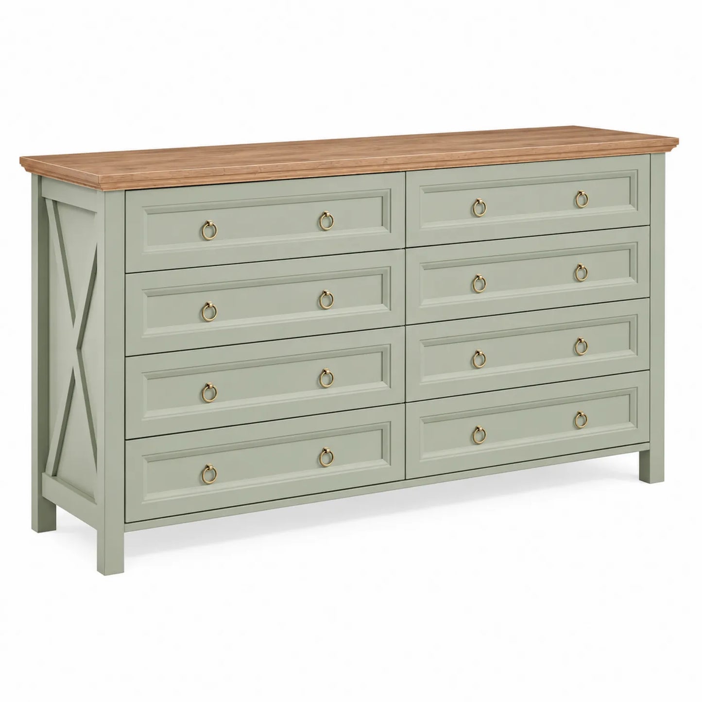 Commode en bois avec 8 tiroirs vert et plateau en chêne