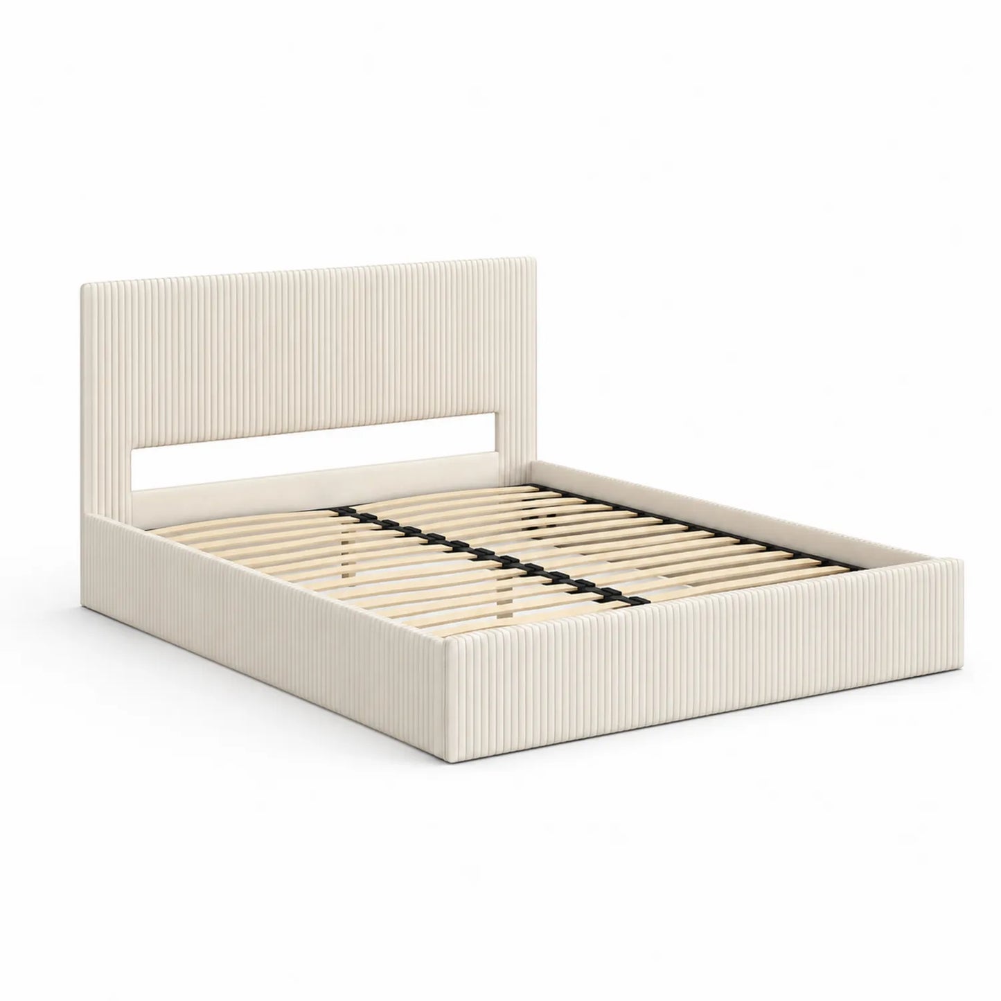 Lit double en tissu côtelé beige avec sommier à lattes